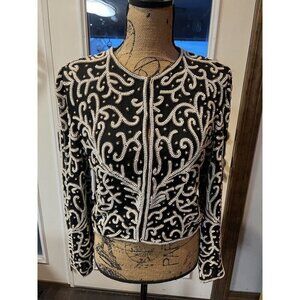 Lawrence‎ Kazar Evening Jacket Black Silk, Pearl Beads W/ Copper Brown Accenting
